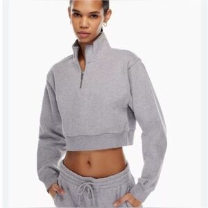 New Aritzia TNA Airy Perfect Grey Quarter-Zip Pullover French Terry Sweatshirt